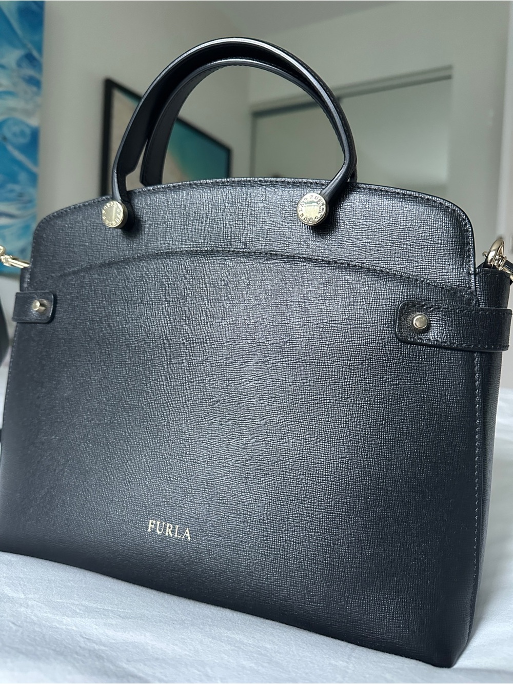 Furla Black Leather Structured Satchel with Gold Accents